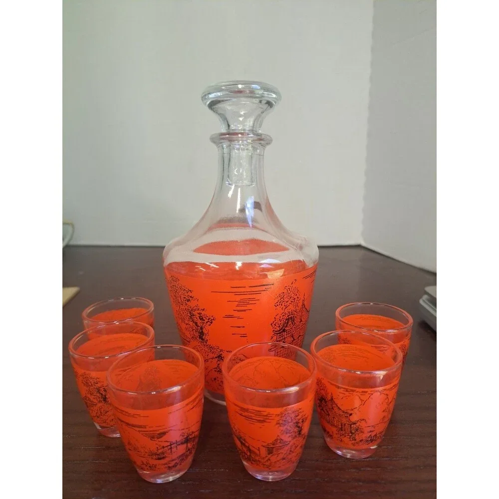 1960s Luminarc France Asian Landscape Design Sake Decanter With 6 Glasses